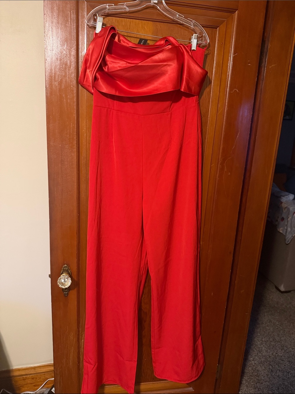 Fashion Nova Strapless Red Wide-Leg Jumpsuit with Folded Bodice - Picture 3 of 3